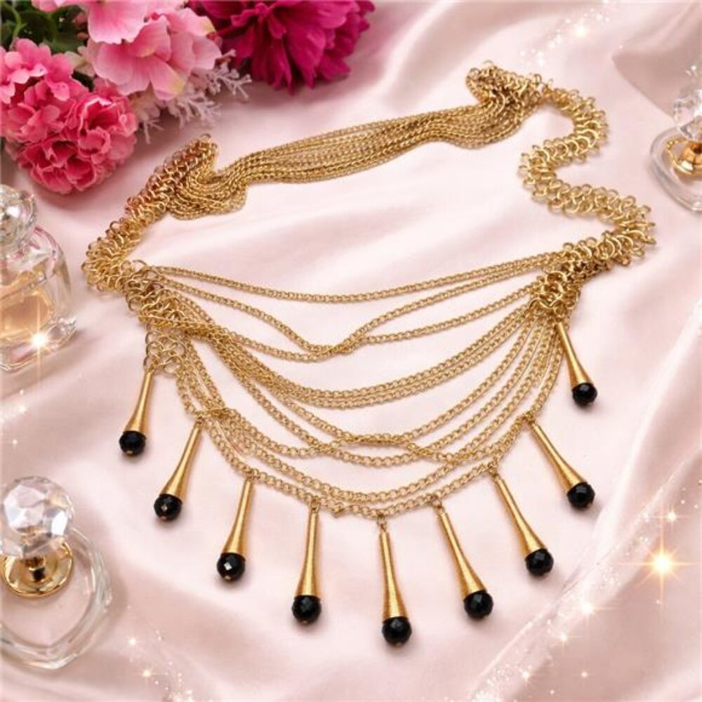 Gold Tone Waterfall Bib Fringe Necklace Black Crystal Drops Body Chain Style 34"